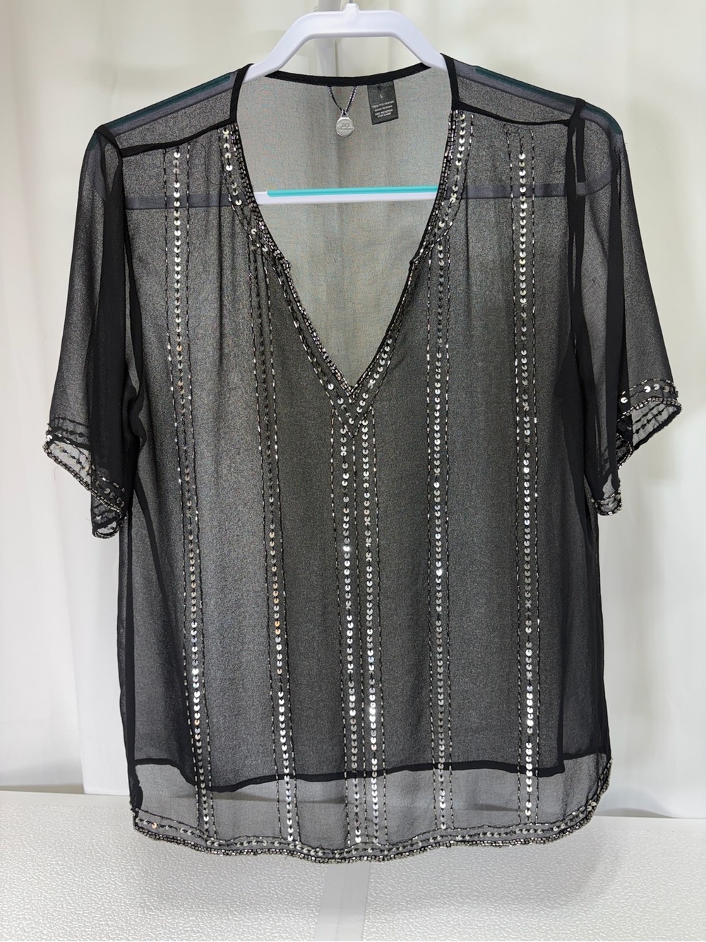 BKE Black Sheer V-Neck Sequin Stripe Top 4000